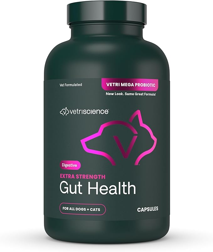 VetriScience Extra Strength Gut Health Probiotic & Prebiotic Digestive Supplements for Dogs & Cats, Gas & Diarrhea & Immune Support, Easy-Open Capsules, 180 Count - New Look