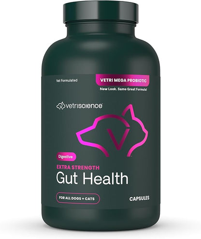 VetriScience Extra Strength Gut Health Probiotic & Prebiotic Digestive Supplements for Dogs & Cats, Gas & Diarrhea & Immune Support, Easy-Open Capsules, 180 Count - New Look