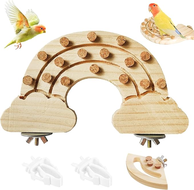 Bird Chew Toy with Screw Mount – Wooden Foraging Toy for Parrots, Cockatiels, Conures, Budgies, Finches, Small to Medium Birds, Secure Cage Attachment, Safe and Durable Design (Rainbow)