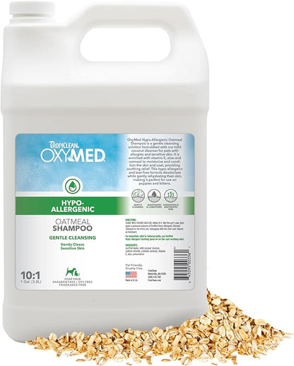 TropiClean OxyMed Hypoallergenic Dog Shampoo for Allergies and Itching, Skin Soothing Shampoo for Pets with Sensitive Skin, Tearless, Cat Safe, 1 Gallon