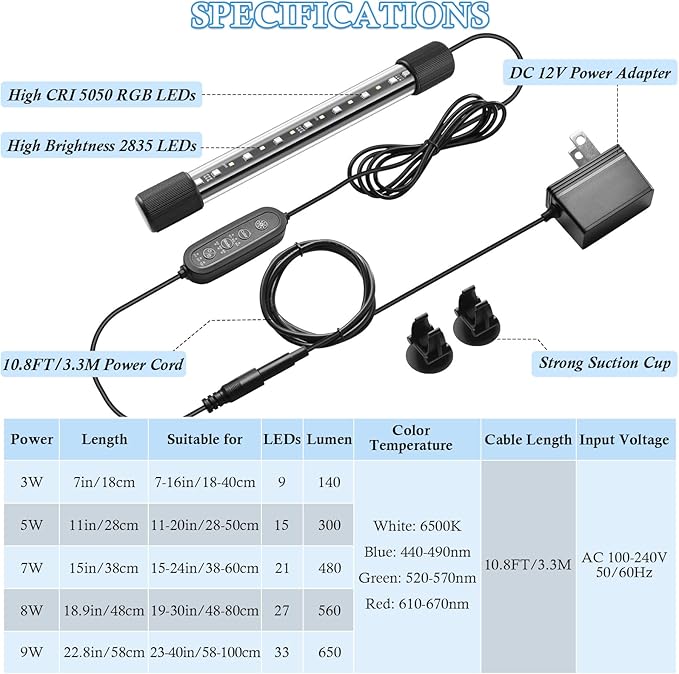 FEDOUR 11in Submersible Aquarium LED Light, 24/7 Aquarium Lights with Full Spectrum RGBW LEDs, IP68 Waterproof Fish Tank Light with Dimming, Timming and Color Adjustable