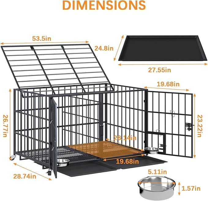 Dosker 54 inch XL Dog Crate for Large Dog/Double Medium Dogs,Heavy Duty Metal Dog Cages,All Metal Open Top Stackable,Dog Kennel Indoor with Wheels,Floor Grid, Tray, Divider and Feeding Bowl