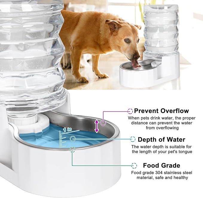 RIZZARI Automatic Gravity Pet Waterer: 7L White Stainless Steel Water Dispenser - Large Capacity Water Feeder for 25-35 LB Senior Dogs with Spinal Issues - for Living Room Bedroom