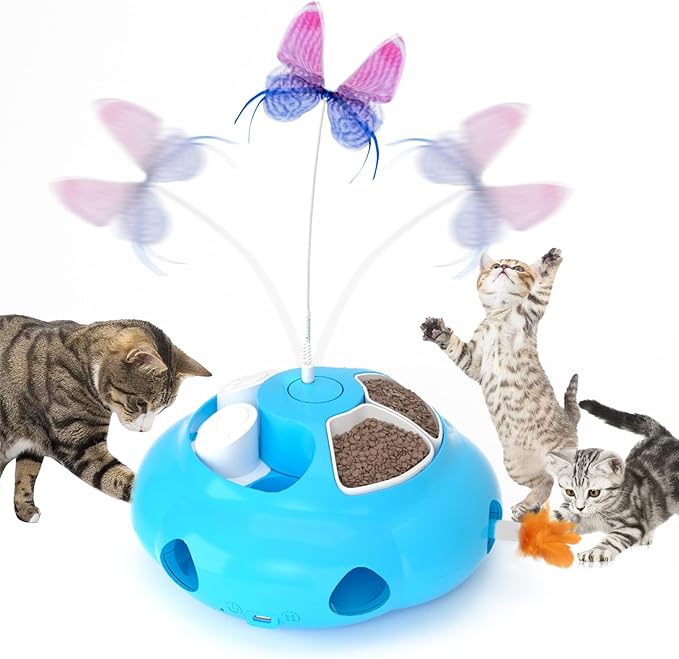Interactive Cat Toys for Indoor Cats, 4in1 Pet Teaser Toy with Ambush Feather Wand, Motorized Fluttering Butterfly and Slow Feeder, Rechargeable Power Treat Puzzle Toy(Blue)