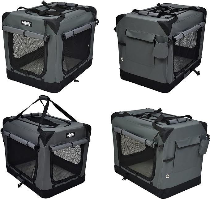 EliteField 4-Door Folding Soft Dog Crate with Curtains, Carrying Bag and Fleece Bed (2 Year Warranty), Indoor & Outdoor Pet Home (36" L x 24" W x 28" H, Gray+4 Door Curtains)
