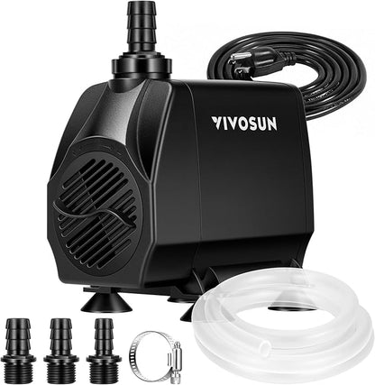 VIVOSUN 1050 GPH 100W Submersible Water Pump, Quiet Fountain Pump With 13.1 ft Head Lift, 6.6 ft Power Cord, 3 Nozzles, Tubing, & 2 Clamps, For Fish Tank, Pond, Aquarium, Hydroponics