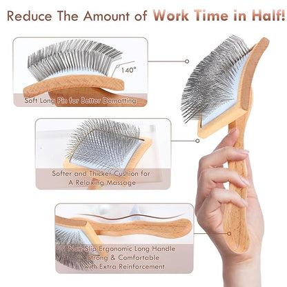 Large Dog Brush for Medium or Long Haired Dogs, Long Pin Slicker Brush for Removes Loose Hair, Tangles and Knots, Best Grooming Brush for Small Animals, Free Pet Comb, Wood