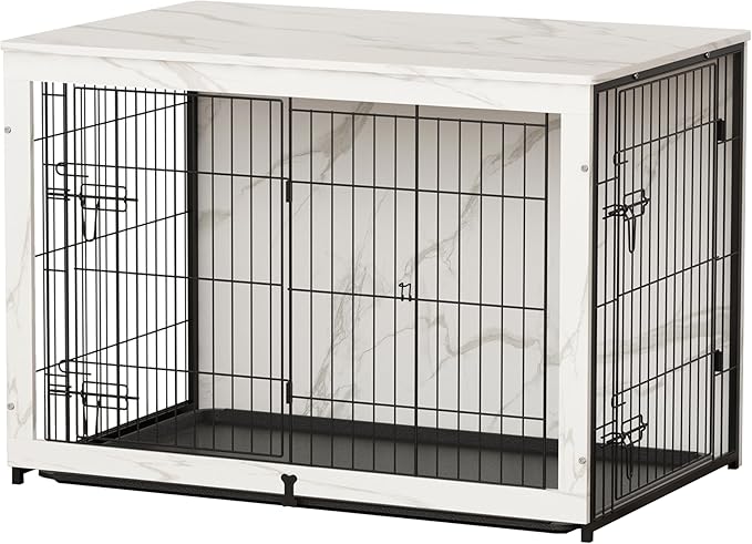 Megidok Wooden Dog Crate Furniture with Cushion, End Table with Tray, Double Doors (L:37" W:25" D:26" H, Marble White)