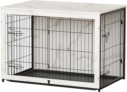 Megidok Wooden Dog Crate Furniture with Cushion, End Table with Tray, Double Doors (L:37" W:25" D:26" H, Marble White)