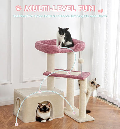Made4Pets Pink Cat Tree, Carpet Cat Tower Grey for Indoors Cats, Cute Wood Kitty Condo with Scratching Post and Pad, 29" Multi-Level Modern Activity Climbing Furniture for Small and Medium Cats