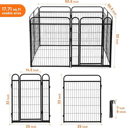 Dog Play Pen Indoors - 8 Panels 32" Playpens Indoor Safety Design Without Stakes, Threshold Free Door Ease to Access, Portable Fence Ground Anchors for Outdoor, Yard and RV Camping