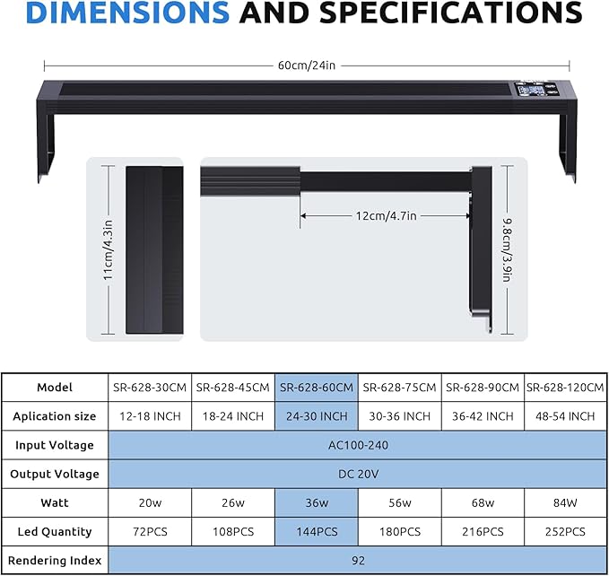 SEAOURA 24/7 LED Aquarium Light for 24-30 Inch Fish Tank, Auto On Off with Timer, 9 Colors, Adjustable Brightness, Daylight & Moonlight Mode, Full Spectrum Fish Tank Light for Plants, 36W