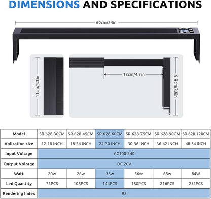 SEAOURA 24/7 LED Aquarium Light for 24-30 Inch Fish Tank, Auto On Off with Timer, 9 Colors, Adjustable Brightness, Daylight & Moonlight Mode, Full Spectrum Fish Tank Light for Plants, 36W