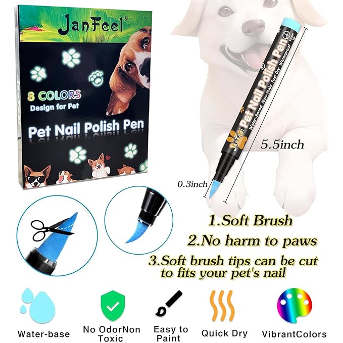 Quick Dry Dog Nail Polish, 8 Neon Brightness Colors Dog Nail Polish Pens Non Toxic Pet Safe Soft Brush Tip Nail Polish Markers for Dog Cat Horse Pig or other Small Pets