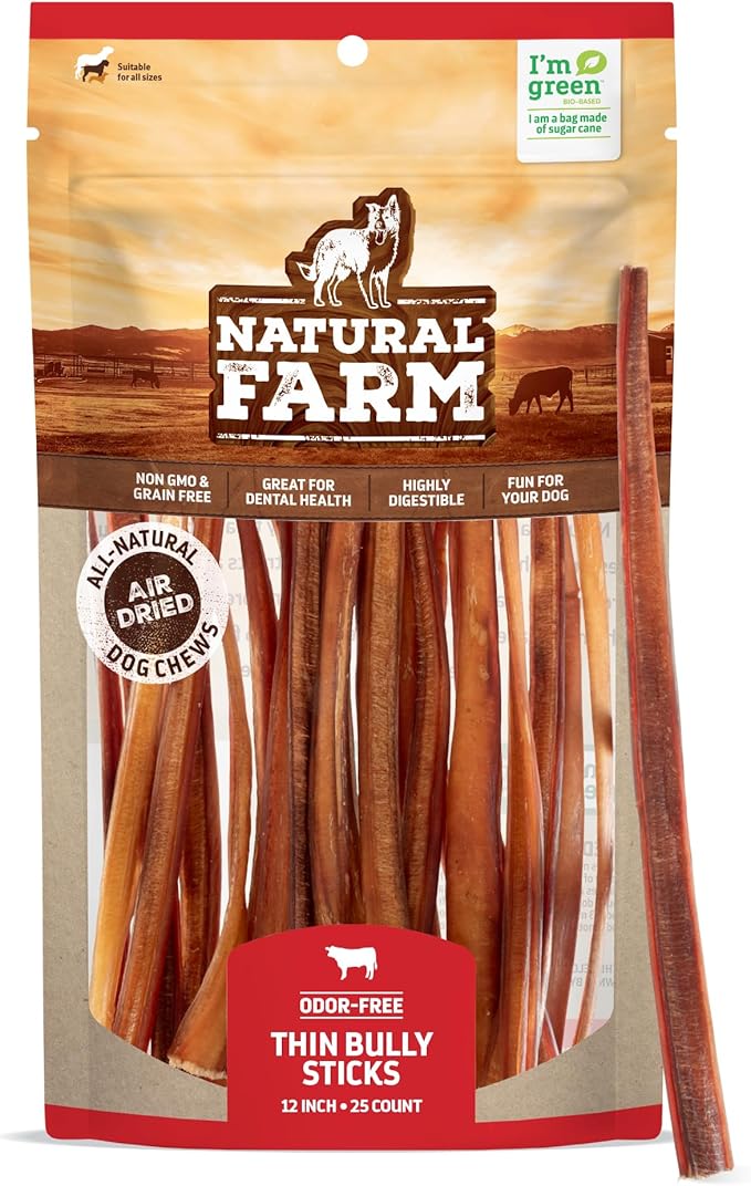 Natural Farm Odor-Free Thin Bully Sticks (12, 25-Pack) All-Natural Long-Lasting Dog Chews, 100% Beef Pizzle, Grass-Fed, Grain-Free, Protein for Muscle Development & Energy, Perfect for Large Dogs