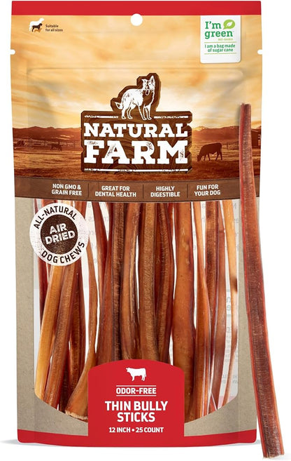 Natural Farm Odor-Free Thin Bully Sticks (12, 25-Pack) All-Natural Long-Lasting Dog Chews, 100% Beef Pizzle, Grass-Fed, Grain-Free, Protein for Muscle Development & Energy, Perfect for Large Dogs