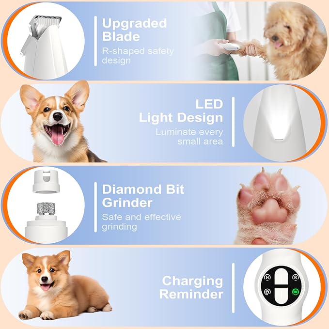 Dog Paw Trimmer with LED Light, Upgraded 2 in 1 Dog Grooming Kit, Cordless Pet Nail Trimmers Grinder with 3 Ports for Small Medium Large Dogs, Pet Micro Precision Electric Trimmer for Paws Eyes Ears