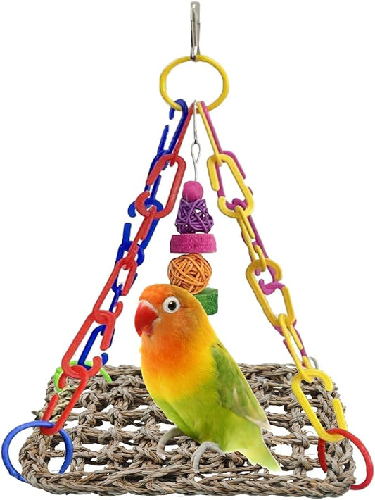 Bird Swing Toy Seagrass Mat, Natural Sea-Weed Woven Parrot Hammock Swing Bird Net Hammock Mat Climbing Swing Mat with Colorful Chewing Rope Toys for Parakeets, Budgie,Conure,Cockatiel,Lovebird