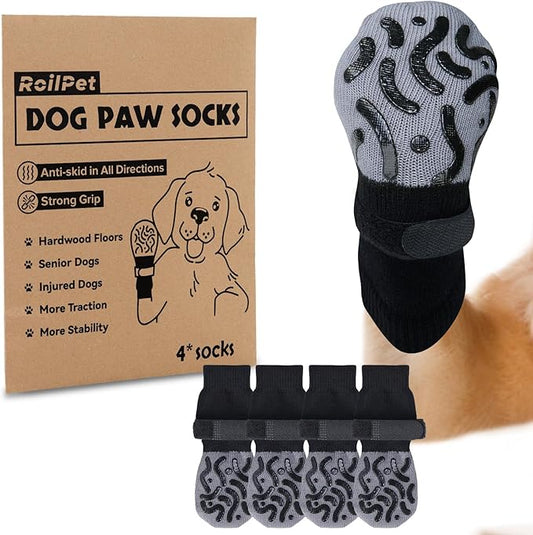 Double Sides Non-Slip Dog Socks to Prevent Licking Paws - Strong Traction for Hardwood Floors, Senior Dogs, Paw Protector, Dog Socks with Grippers - Black