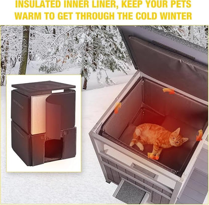 Aivituvin Outdoor Heated Cat House, Two-Story Feral Cat Shelter, Wooden Cat Condos, Weatherproof Cat Enclosure for Winter with Escape Doors
