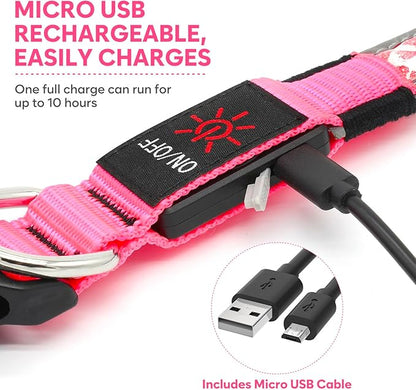 Light Up Dog Collars for Small Dogs, USB Rechargeable Flashing Dog Collar, Led Dog Collar with Reflective Edging - Glow in The Dark Lighted Collar - Dog Glow Collar for Night Walking - Pink, S