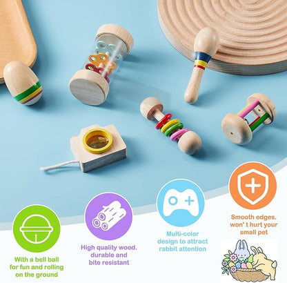 6 Pcs Wooden Bunny Toys - Safe Rabbit & Guinea Pigs Teeth Grinding Toys for Chinchillas, Hamsters & Small Animals - Indoor & Outdoor