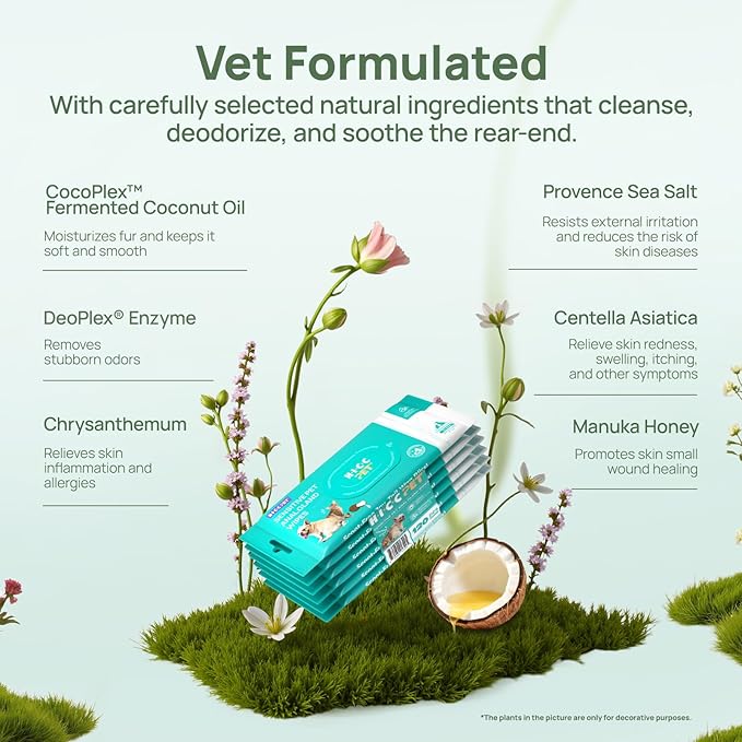HICC PET Wipes for Dogs & Cats, Cleansing Deodorizing & Soothing Allergy Infections Anal Gland Pets Wipes with Coconut Oil - Dog Grooming Wipes for Butt and Paw - Hypoallergenic & Vet Recommended