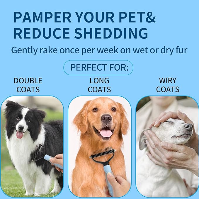 Pawmingle Cat Brush, Double Sided Deshedding for Dogs & Cats, Skin Friendly Grooming Dog Brush, Pet Shedding Brush,Undercoat Rake for dogs Grooming Supplies,Blue,Extra Wide (Blue, Large)