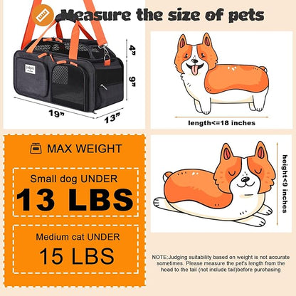 19x13x9 TSA Approved top Expandable pet Carrier for Small Dog Under 13 lbs,Medium cat Under 15 lbs,for Southwest Allegiant Spirit and Other Airlines only Have 9'' or 9.5'' Height Space