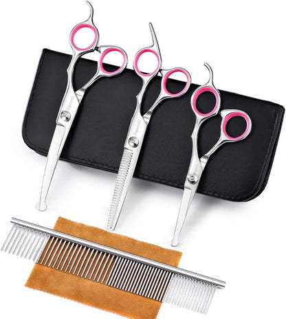 Dog Grooming Scissors Kit with Safety Round Tip, Heavy Duty Stainless Steel Dog Scissors Set Include Straight Scissors, Curved Scissors, Thinning Shears and Comb for Dog Cat Hair Care