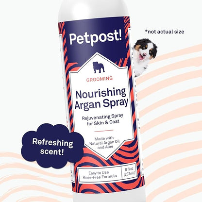 Petpost | Waterless Argan Shampoo Spray for Dogs with Sensitive Skin - Naturally Nourishing Coat Cleaner & Deodorizer for Healthier, Shinier Fur - Rinse Free Formula 8 oz.