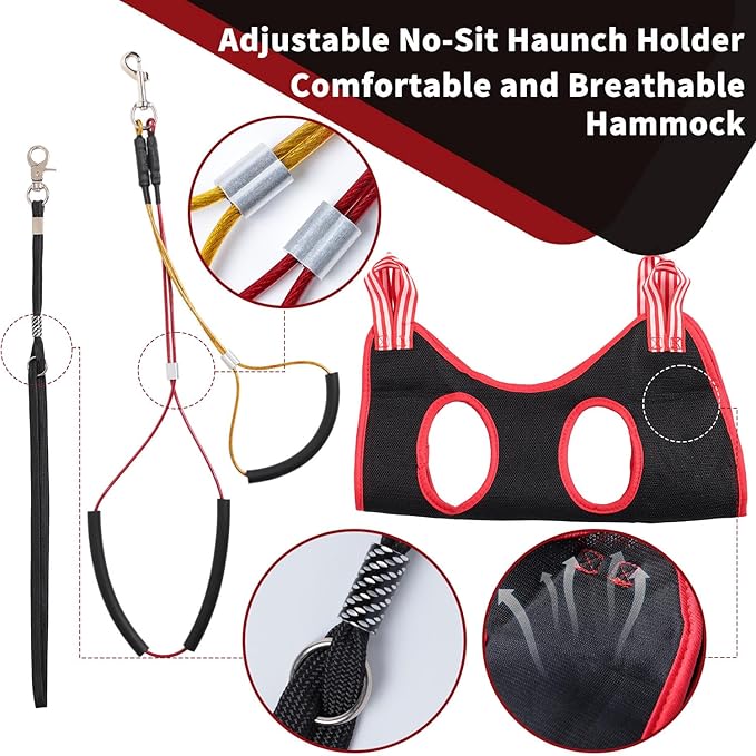 Dog Grooming Table Arm with Hammock - Adjustable Height, Pet Grooming Hammock, No Sit Haunch Holders, Loop Noose Heavy-Duty Clamp (Stainless Steel)