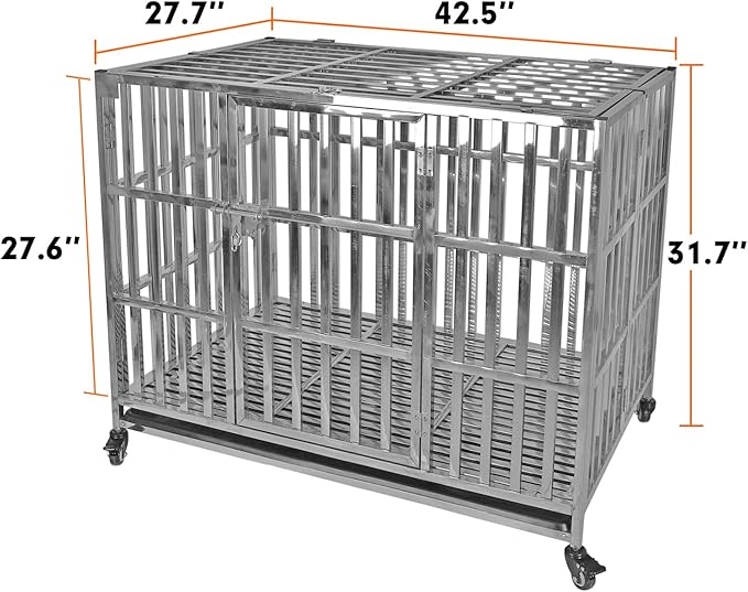 42 Inch Heavy Duty Dog Crates for Large Dogs, Stainless Steel Indestructible Dog Kennel Indoor, XL Large Dog Crate Cage with Lockable Rolling Wheels, Double Door and Removable Tray