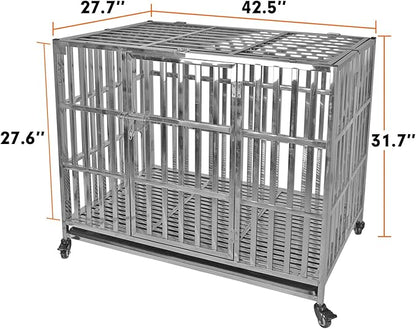 42" Stainless Steel Dog Crate Stackable Heavy Duty Pet Kennel Foldable Indestructible Dog Cage Playpen with Lockable Rolling Wheels, Double Door and Removable Tray for Medium and Large Dogs