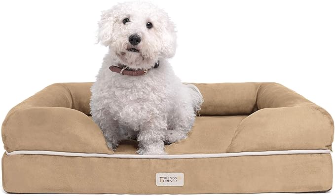 Friends Forever Large Dog Bed, Orthopedic Dog Sofa Memory Foam Mattress, Calming Dog Couch Bed, Wall Rim Pillow, Water Resistant Liner, Washable Cover, Non-Slip Bottom, Chester, Large Khaki Beige