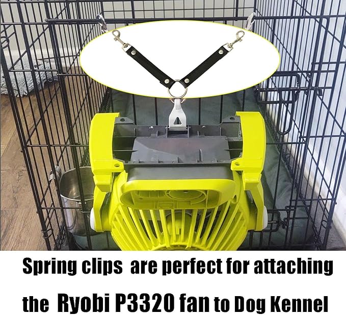 Dog Kennel Fan Hanging Utility Straps for Ryobi P3320 Fan Holder, Waterproof Dog Crate Fan Strap with Swivel Spring Clips Suitable for Any Kennel, Black