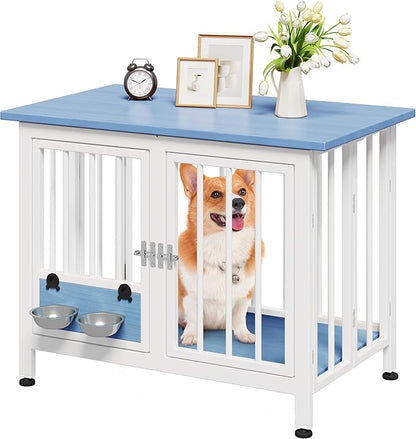 YITAHOME 33" Foldable Dog Crate Furniture, Portable Wooden Kennel End Table with Adjustable Feet & 360° Rotatable Bowls, Perfect for Small to Medium Dogs, Blue