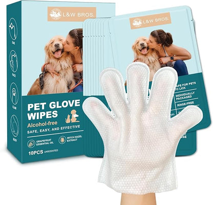 L&W BROS. Dog Wipes Gloves 10 PCS Individually Packaged, Flush-Free, Safe, Alcohol-Free, and for Convenient Grooming Cleaning Deodorizing Hypoallergenic Wipes Disposable Premium Pet Wipes (Unscented)