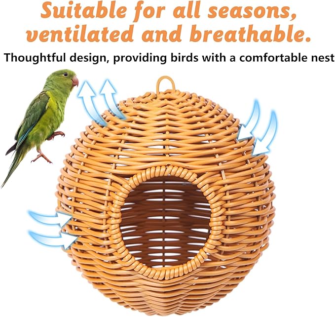 BNOSDM Rattan Bird Nest Parrot Nesting House Parakeet Nesting Soft Lovebird Warm Bed Sleeping for Parrots Bird Cage Accessories for Cockatiels Budgerigars Finches Canaries (Single-Hole Style)