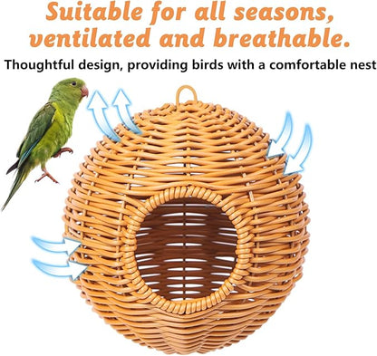 BNOSDM Rattan Bird Nest Parrot Nesting House Parakeet Nesting Soft Lovebird Warm Bed Sleeping for Parrots Bird Cage Accessories for Cockatiels Budgerigars Finches Canaries (Single-Hole Style)