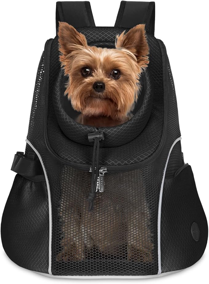WOYYHO Pet Dog Carrier Backpack Small Dog Front Backpack Ventilated Mesh Dog Travel Back Pack with Safety Belt for Travel Hiking Cycling Outdoor Use (S (2-4.5 lbs), Black)