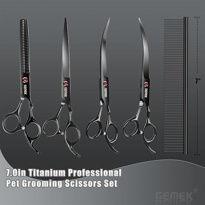 7.0in Titanium Professional Dog Grooming Scissors Set, GEMEK 6 in 1 Straight & Thinning & Upwards Curved & Downwards Curved Scissors & Comb for Dogs, Cats and Other Animals