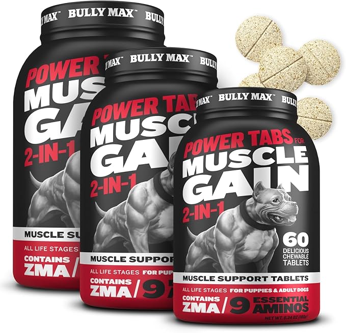 Bully Max 2-in-1 Muscle Builder Chewable Tablets for Puppies & Adult Dogs - Ultimate Canine Dog Supplement for Muscle Gain - 60 Tabs (3 Bottles)