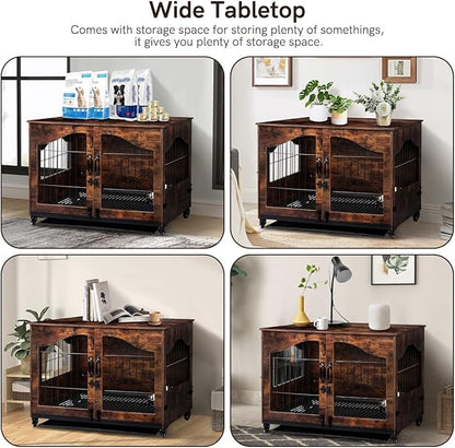 Snowtaros Dog Crate Furniture with 360° Rotatable Hidden Bowls, Heavy Duty Wooden Dog Kennel with Double Doors, Dog Cage End Table Indoor with Removable Tray Swiveling Wheels for Small Medium Dogs