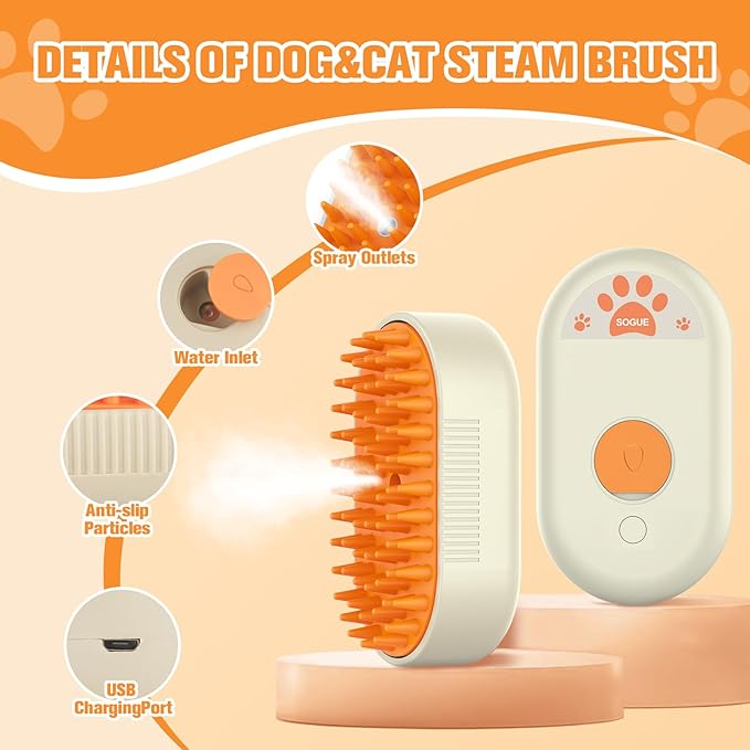 Steam Brush for Dogs Cats,Cat Steam Brush for Shedding,3 in 1 Steamy Cat Brushes,Silicone Pet Spray Hair Removal Comb for Grooming,Massage,Combing,Rechargeable Spritz Defur Comb for Cats Dogs Yellow