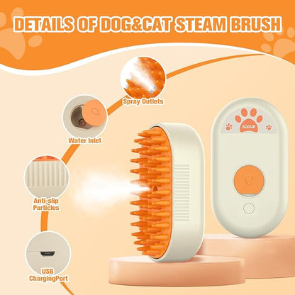 Steam Brush for Dogs Cats,Cat Steam Brush for Shedding,3 in 1 Steamy Cat Brushes,Silicone Pet Spray Hair Removal Comb for Grooming,Massage,Combing,Rechargeable Spritz Defur Comb for Cats Dogs Yellow
