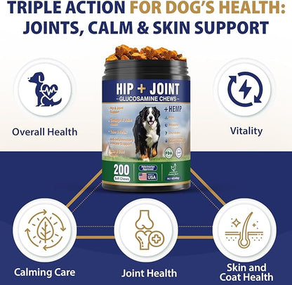 Hip and Joint Supplement for Dogs 200 Hemp Dog Calming Chews with Glucosamine, Chondroitin, Msm, Omega 3, Melatonin for Senior Dogs Anxiety, Dog Pain Relief Anti Inflammatory Small/Medium/Large Breed