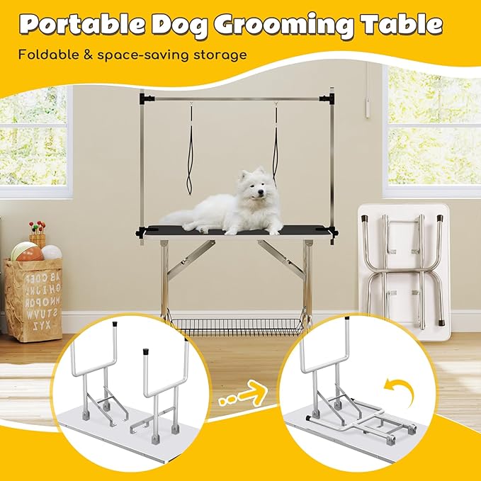 46" Dog Grooming Table, Adjustable Grooming Table for Dogs at Home, Foldable Pet Grooming Table with Arm, Noose, Mesh Tray, Portable Large Dog Grooming Table Maximum Capacity 300 LBS, Black