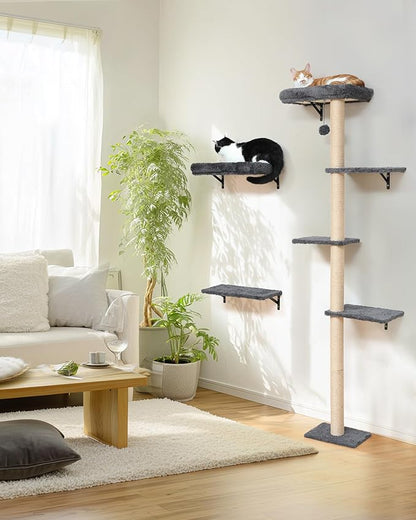 FUKUMARU Cat Wall Shelves, Stable 3-in-1 Wall Mounted Tree Set, Wooden Cats Furniture with Scratching Post, Space Saving Climbing Wall for 16 Inch Drywall - Gray