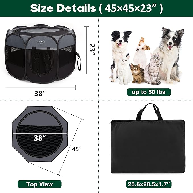 Love's cabin Pet Puppy Dog Playpen, Large Dog Tent Crates Cage Indoor/Outdoor, Portable Playpen for Cat, Foldable Pop Up Dog Kennel Playpen with Carring Case, Removable Zipper Top, Dark Grey